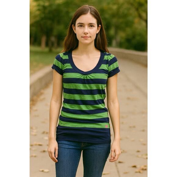 American Eagle Y2K Vintage Striped Puff Sleeve Scoop Neck Top Blue Green XS 90s - Picture 1 of 4